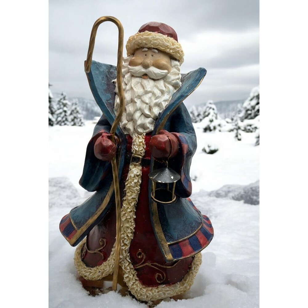 Vintage Santa Claus Figurine with Shepherds Staff and Lantern Folk Art Christmas